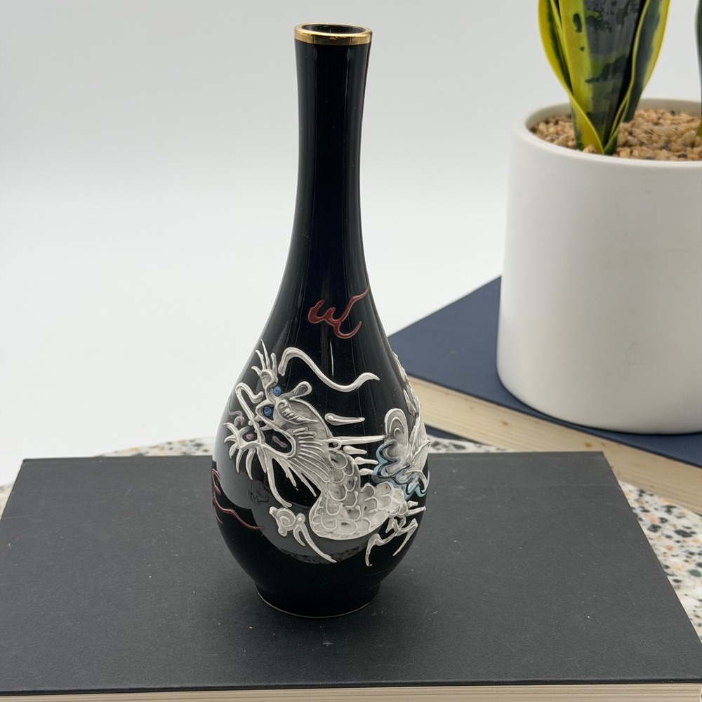 Vintage Moriage Dragon Bud Vase Black Ceramic Gold Rim Made in Japan